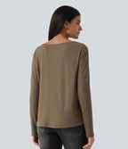 Cowl Neck Crossover Long Sleeve Curved Hem Casual Top — Shitake — view 2