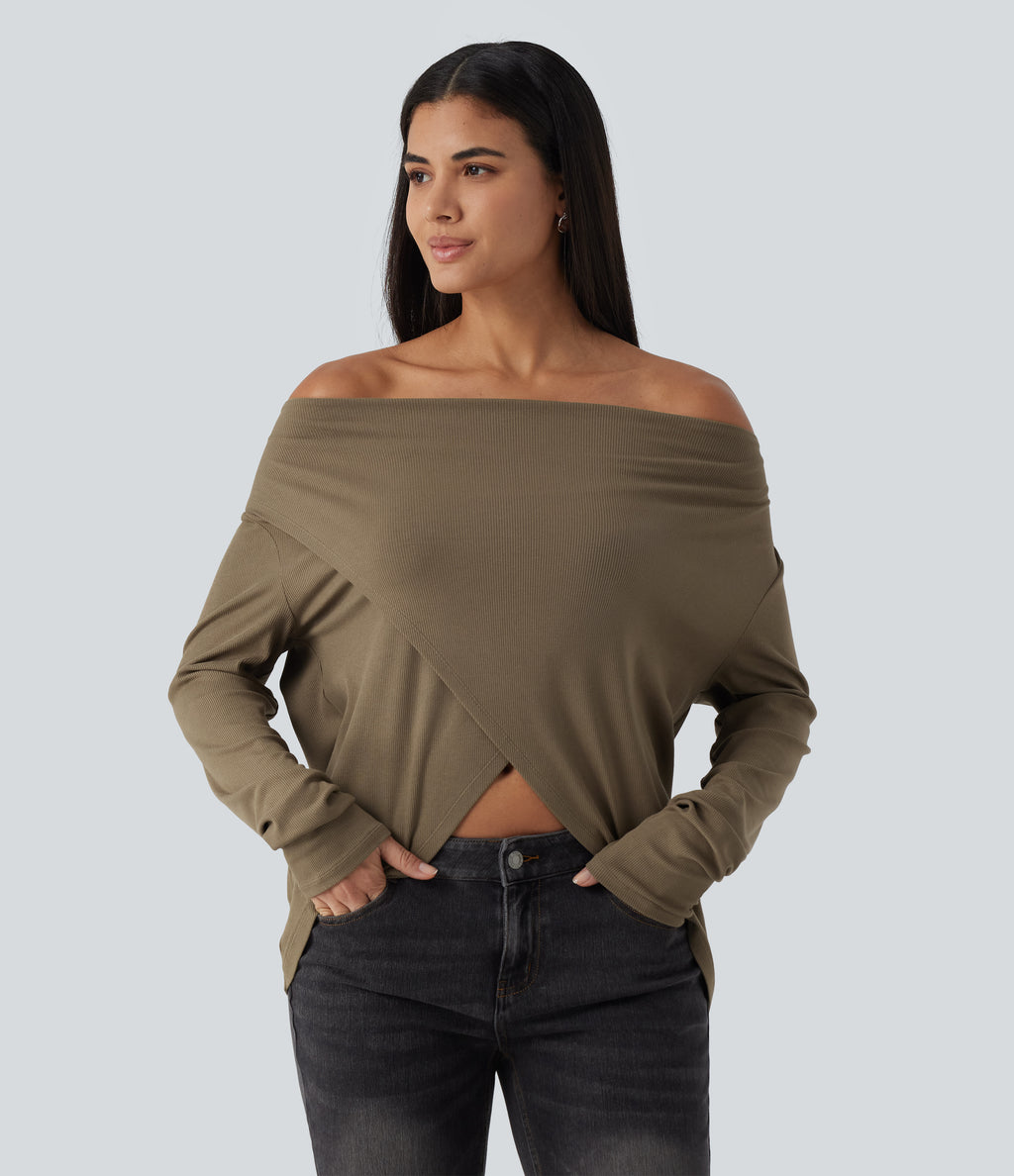 Cowl Neck Crossover Long Sleeve Curved Hem Casual Top — Shitake — view 5