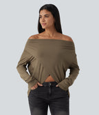Cowl Neck Crossover Long Sleeve Curved Hem Casual Top — Shitake — view 5