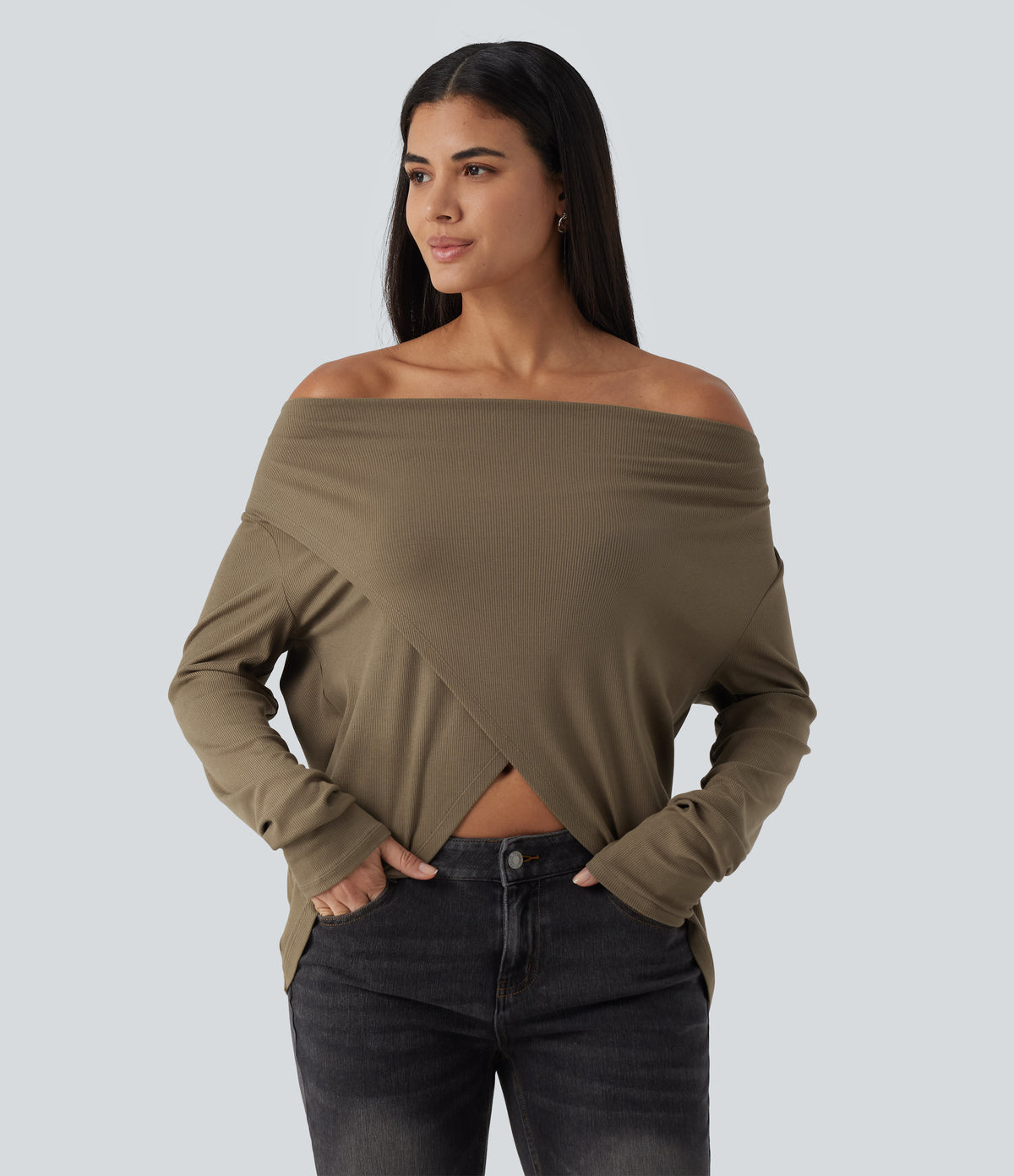 Cowl Neck Crossover Long Sleeve Curved Hem Casual Top — Shitake — view 5