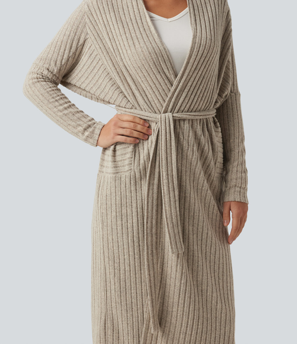 Ribbed Knit Batwing Long Sleeve Belted Casual Longline Cardigan — Ridge Sand Khaki — view 6