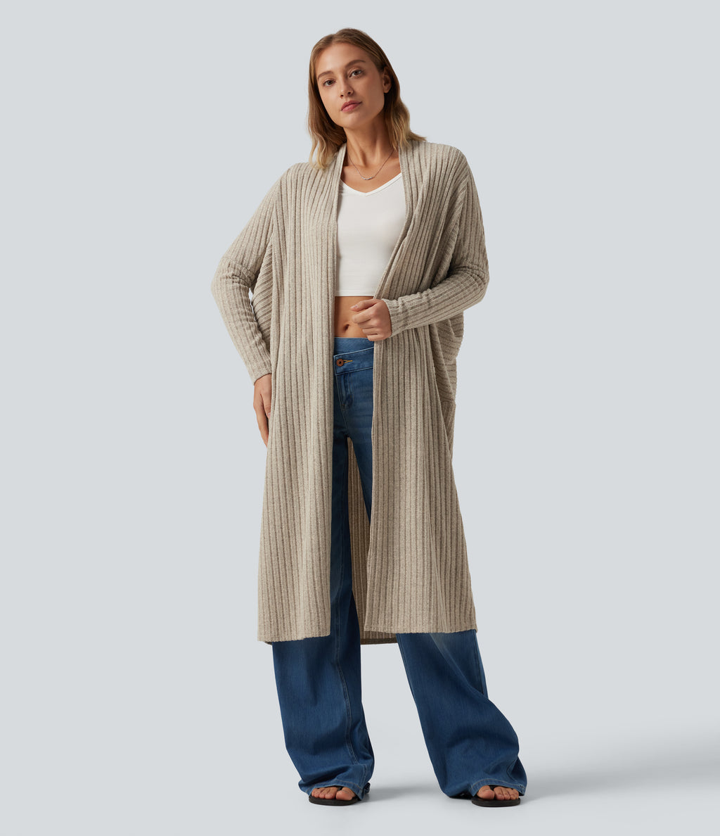 Ribbed Knit Batwing Long Sleeve Belted Casual Longline Cardigan — Ridge Sand Khaki — view 5