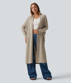 Ribbed Knit Batwing Long Sleeve Belted Casual Longline Cardigan — Ridge Sand Khaki — view 5