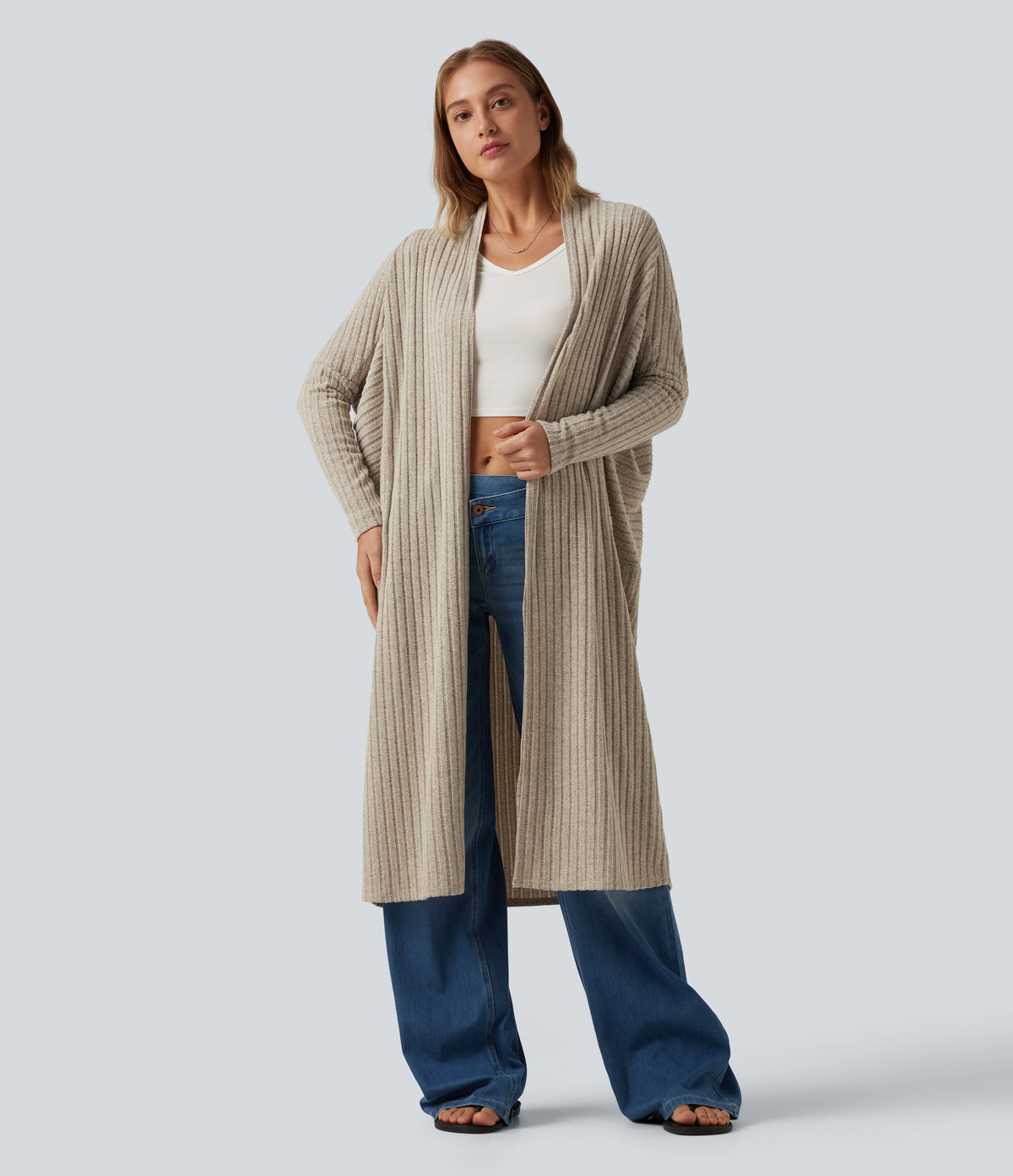 Ribbed Knit Batwing Long Sleeve Belted Casual Longline Cardigan — Ridge Sand Khaki — view 5