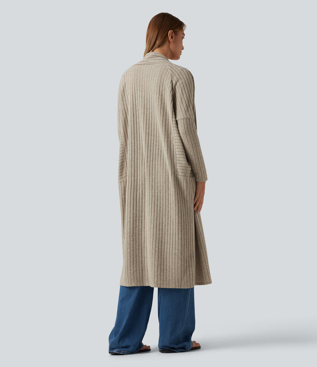 Ribbed Knit Batwing Long Sleeve Belted Casual Longline Cardigan — Ridge Sand Khaki — view 2
