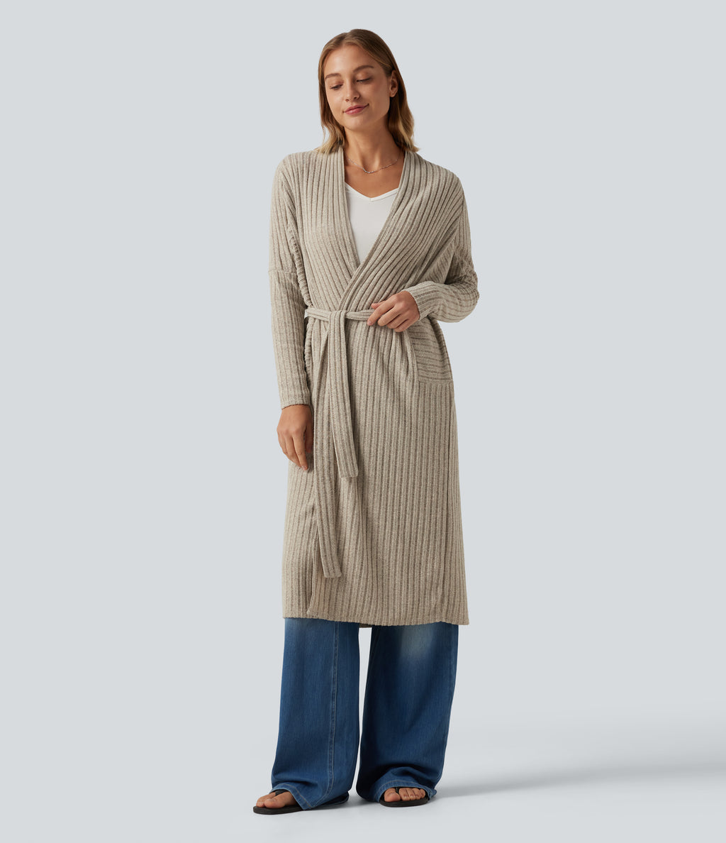 Ribbed Knit Batwing Long Sleeve Belted Casual Longline Cardigan — Ridge Sand Khaki — view 4