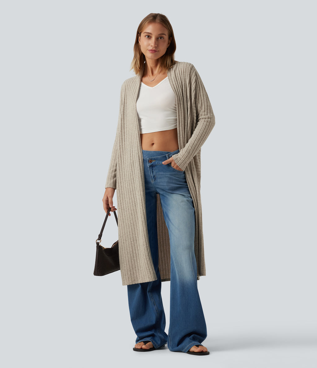 Ribbed Knit Batwing Long Sleeve Belted Casual Longline Cardigan — Ridge Sand Khaki — view 1