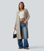 Ribbed Knit Batwing Long Sleeve Belted Casual Longline Cardigan — Ridge Sand Khaki — view 1