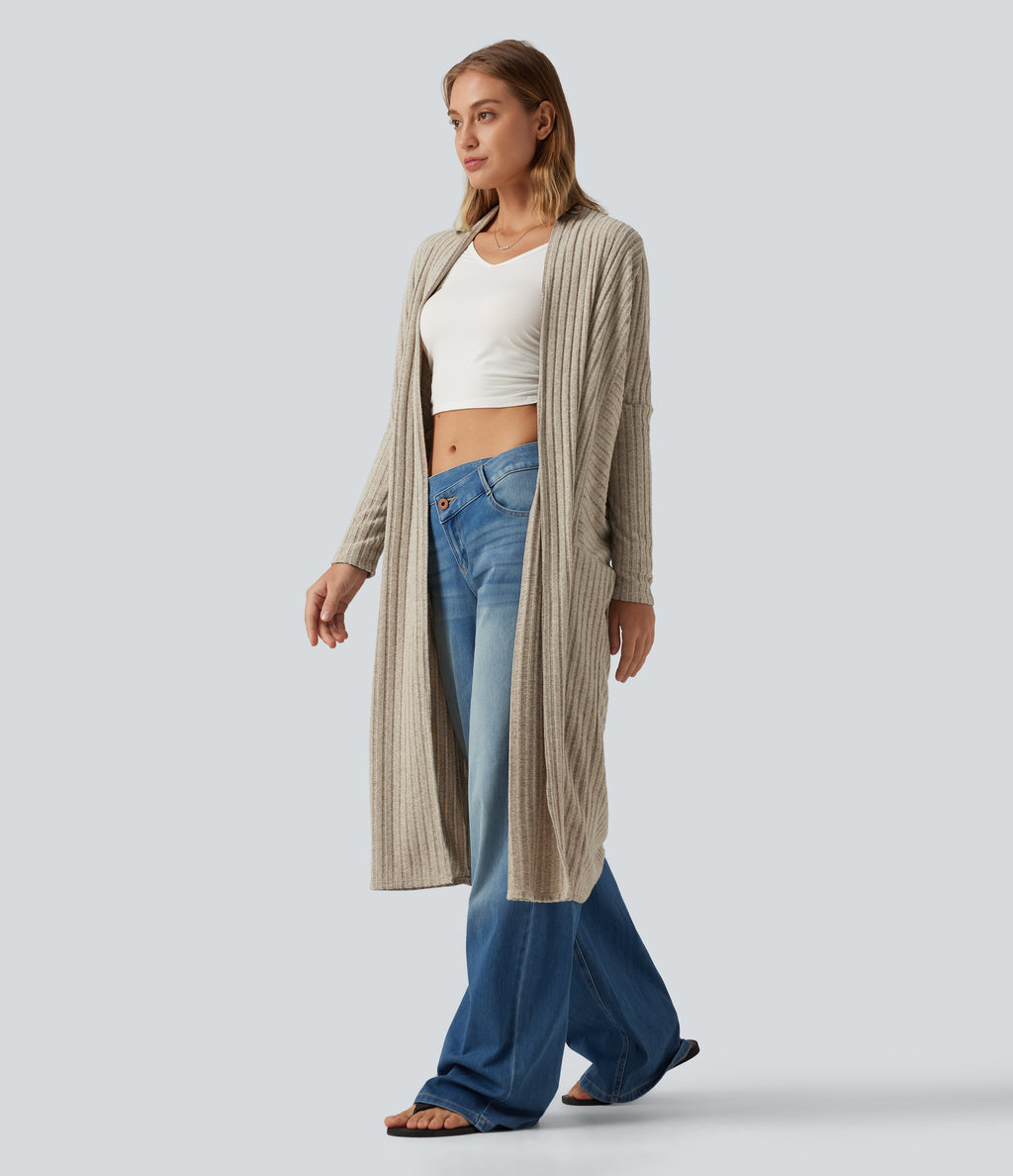Ribbed Knit Batwing Long Sleeve Belted Casual Longline Cardigan — Ridge Sand Khaki — view 3