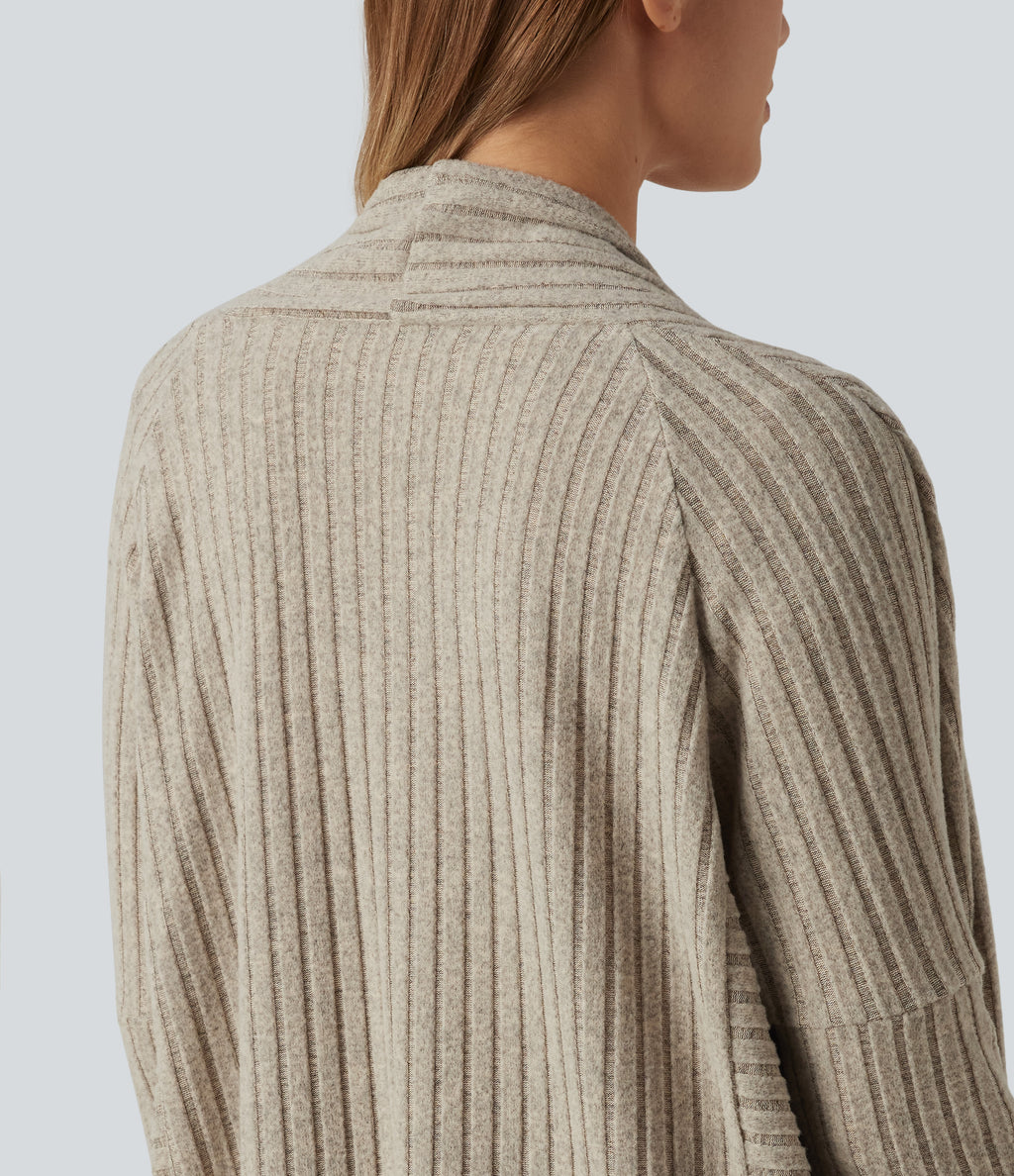 Ribbed Knit Batwing Long Sleeve Belted Casual Longline Cardigan — Ridge Sand Khaki — view 7