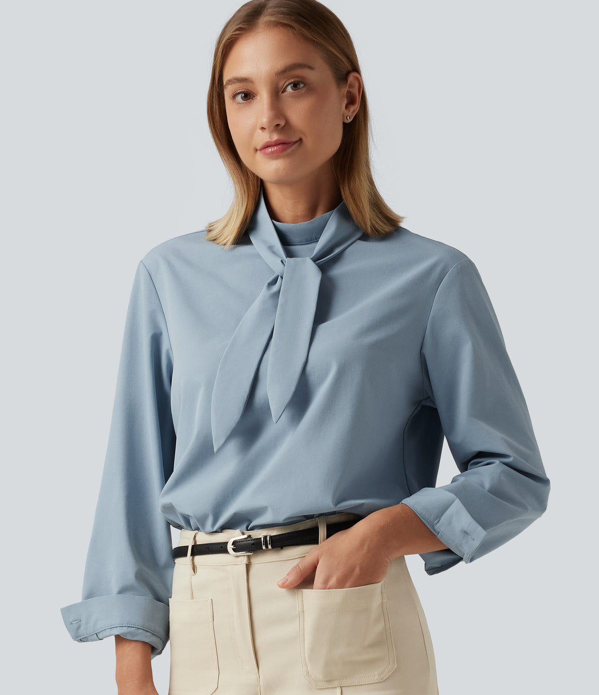 Mock Neck Long Sleeve Tie Front Work Blouse — Mountain Spring — view 1