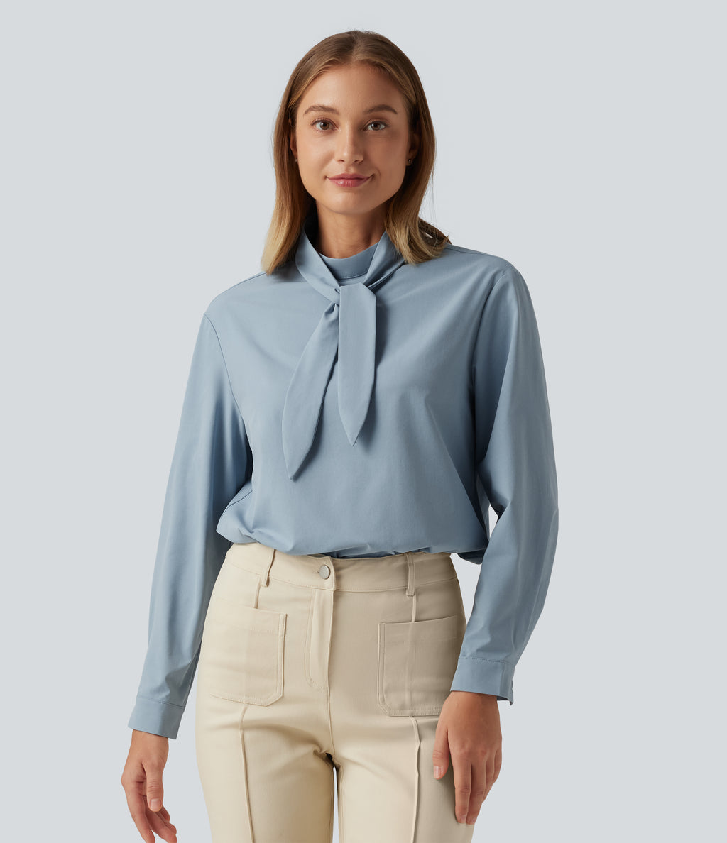 Mock Neck Long Sleeve Tie Front Work Blouse — Mountain Spring — view 4