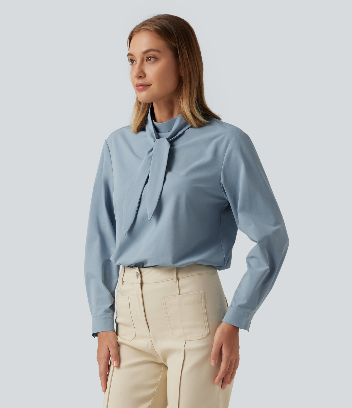 Mock Neck Long Sleeve Tie Front Work Blouse — Mountain Spring — view 3