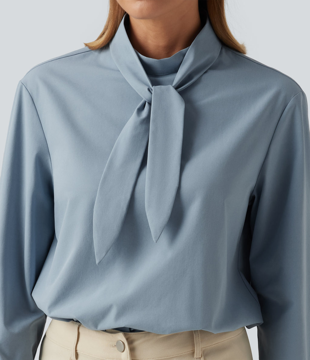 Mock Neck Long Sleeve Tie Front Work Blouse — Mountain Spring — view 6