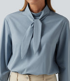 Mock Neck Long Sleeve Tie Front Work Blouse — Mountain Spring — view 6
