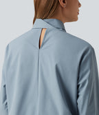 Mock Neck Long Sleeve Tie Front Work Blouse — Mountain Spring — view 7