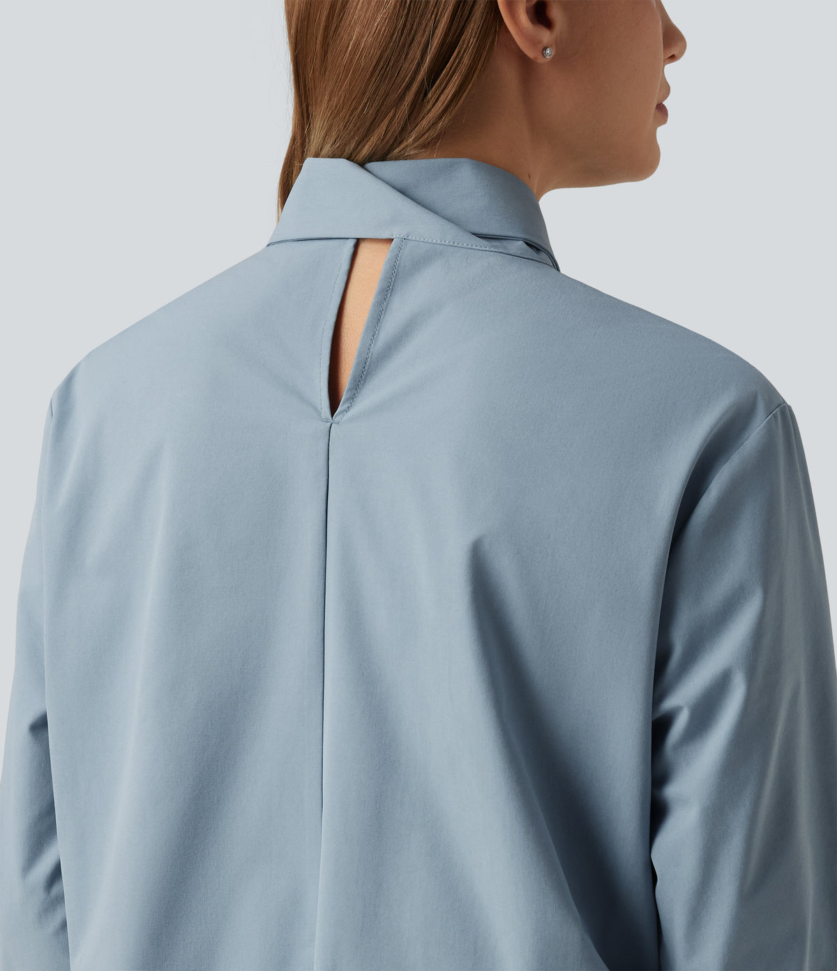 Mock Neck Long Sleeve Tie Front Work Blouse — Mountain Spring — view 7