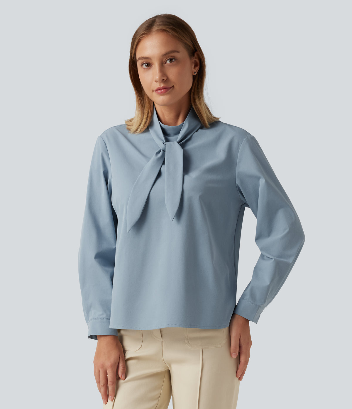 Mock Neck Long Sleeve Tie Front Work Blouse — Mountain Spring — view 5