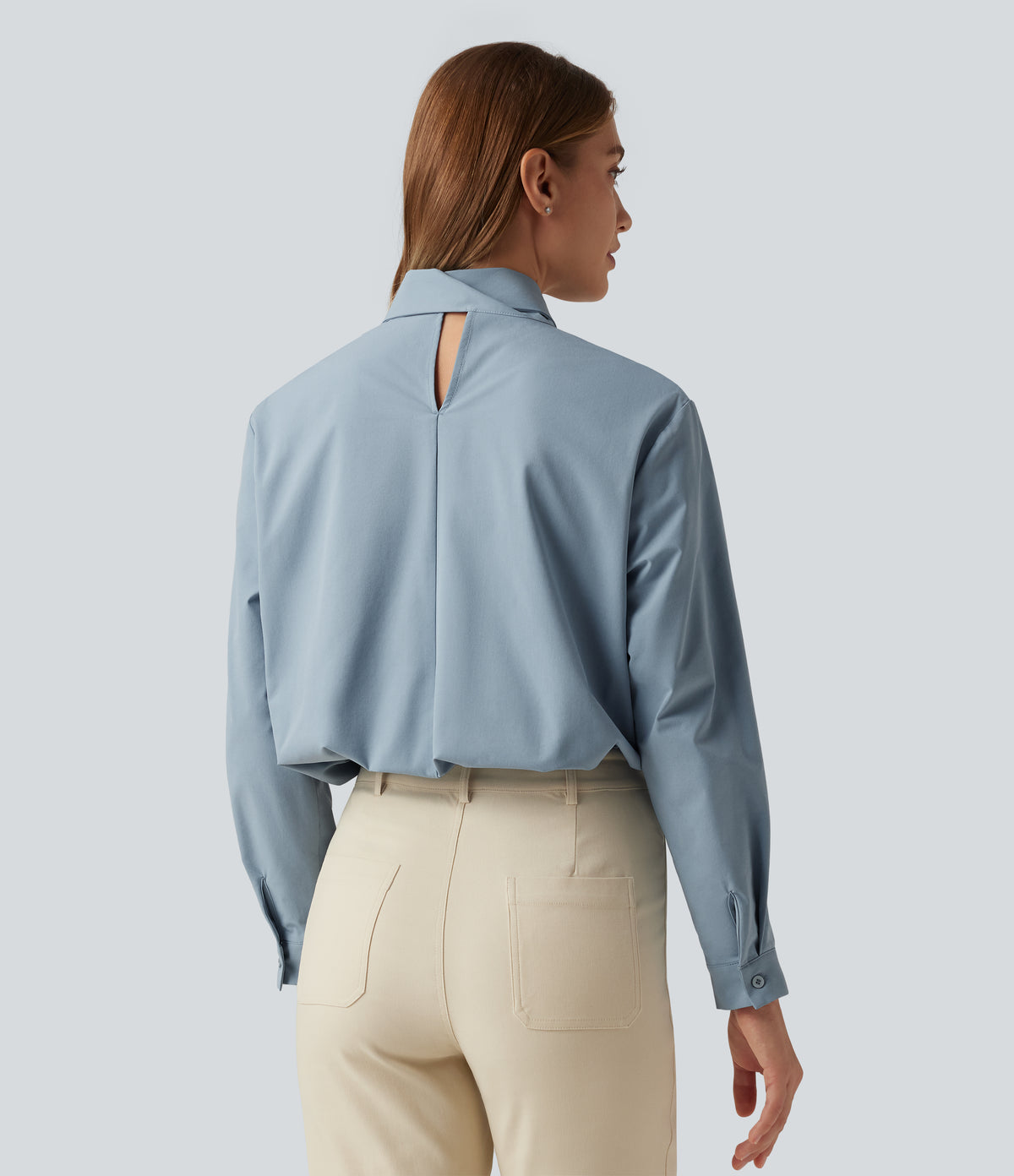 Mock Neck Long Sleeve Tie Front Work Blouse — Mountain Spring — view 2