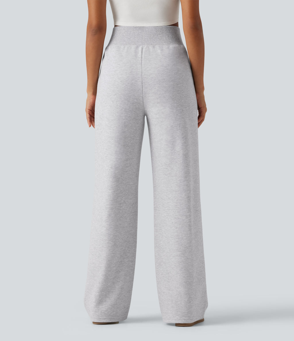 High Waisted Straight Leg Casual Cotton Sweatpants with Pockets — Hazy Day Grey — view 2
