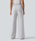 High Waisted Straight Leg Casual Cotton Sweatpants with Pockets — Hazy Day Grey — view 2