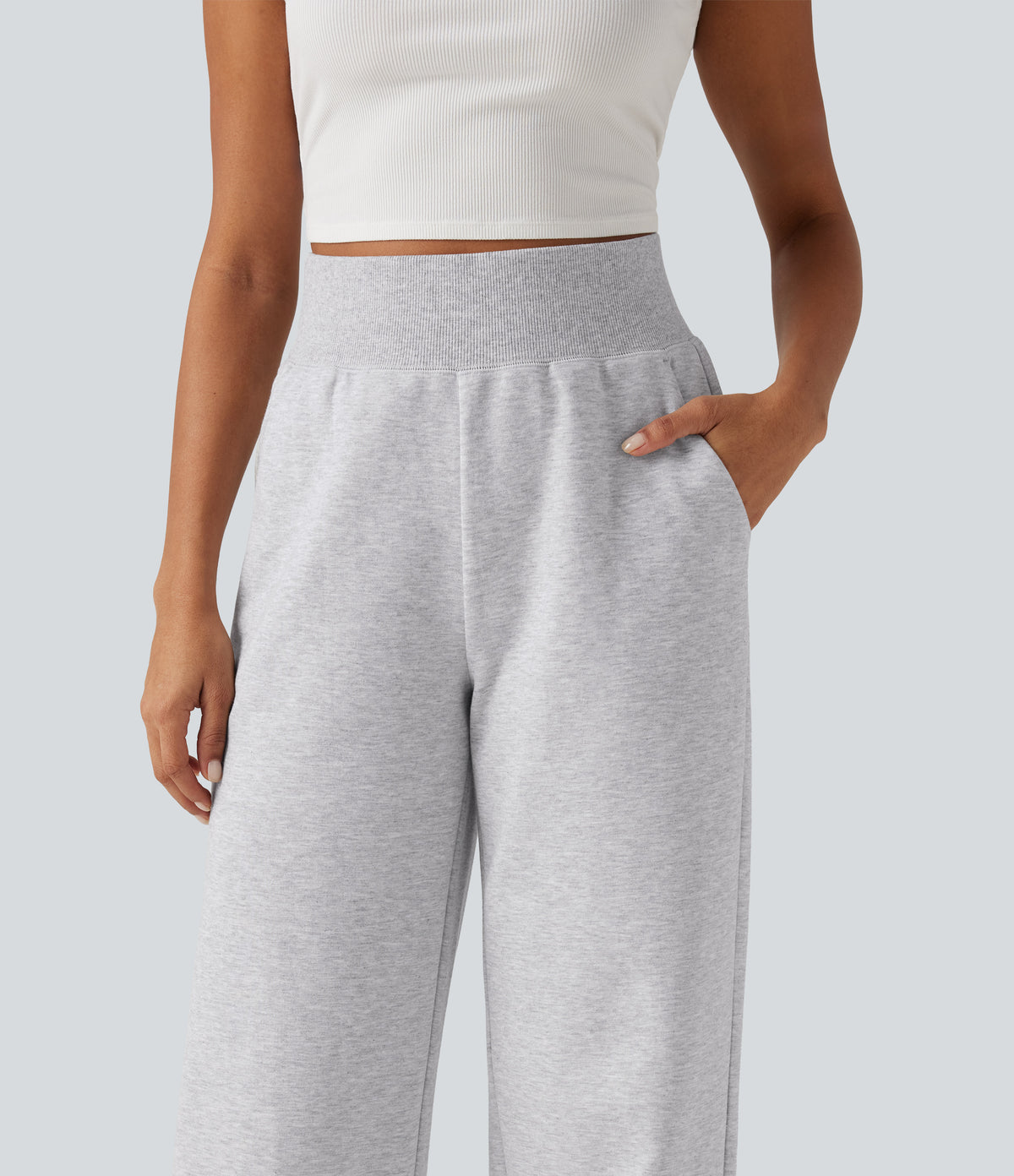 High Waisted Straight Leg Casual Cotton Sweatpants with Pockets — Hazy Day Grey — view 4