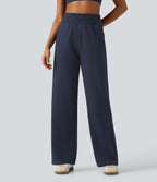 High Waisted Straight Leg Casual Cotton Sweatpants with Pockets — Navy Blazer — view 6