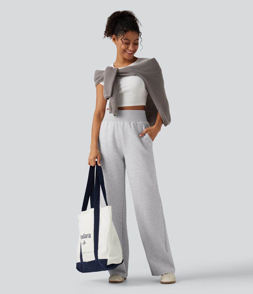 High Waisted Straight Leg Casual Cotton Sweatpants with Pockets — Hazy Day Grey — view 5