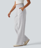 High Waisted Straight Leg Casual Cotton Sweatpants with Pockets — Hazy Day Grey — view 3