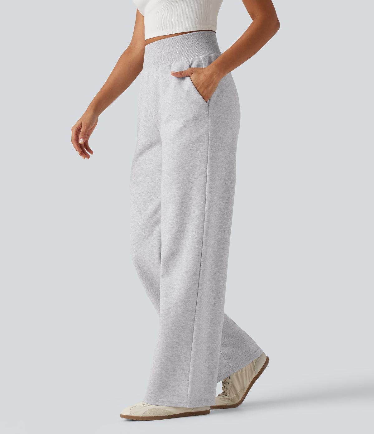 High Waisted Straight Leg Casual Cotton Sweatpants with Pockets — Hazy Day Grey — view 3