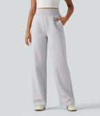 High Waisted Straight Leg Casual Cotton Sweatpants with Pockets — Hazy Day Grey — view 1