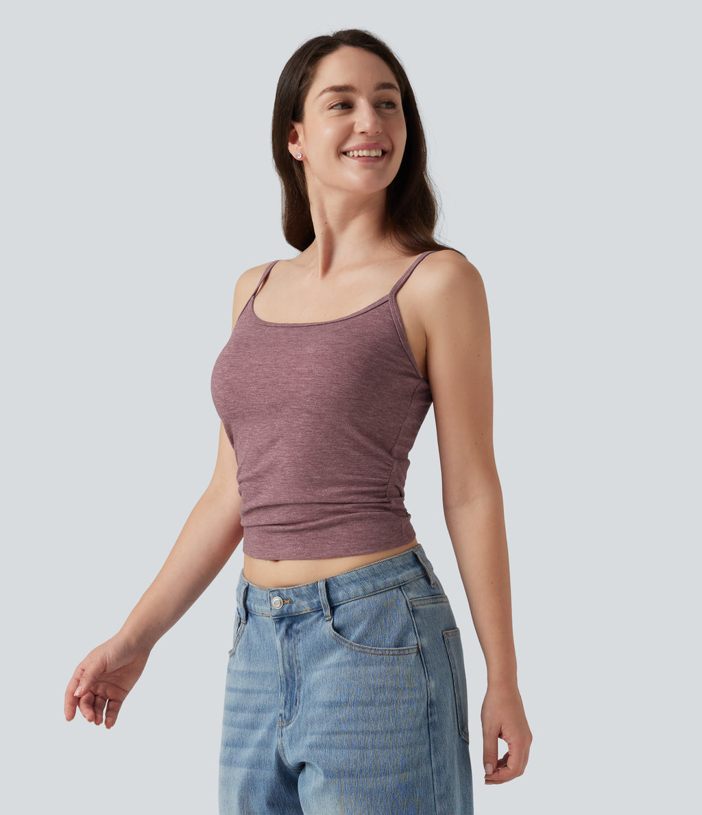 U Neck Heathered Ruched Casual Tank Top with Built-in Bra — Dusk Rose Plum — view 4
