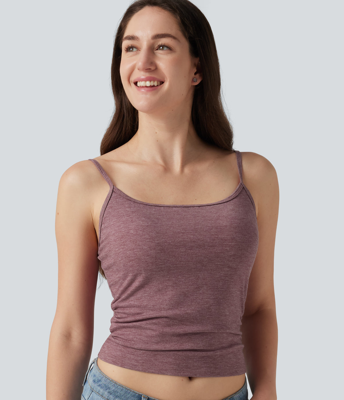U Neck Heathered Ruched Casual Tank Top with Built-in Bra — Dusk Rose Plum — view 1