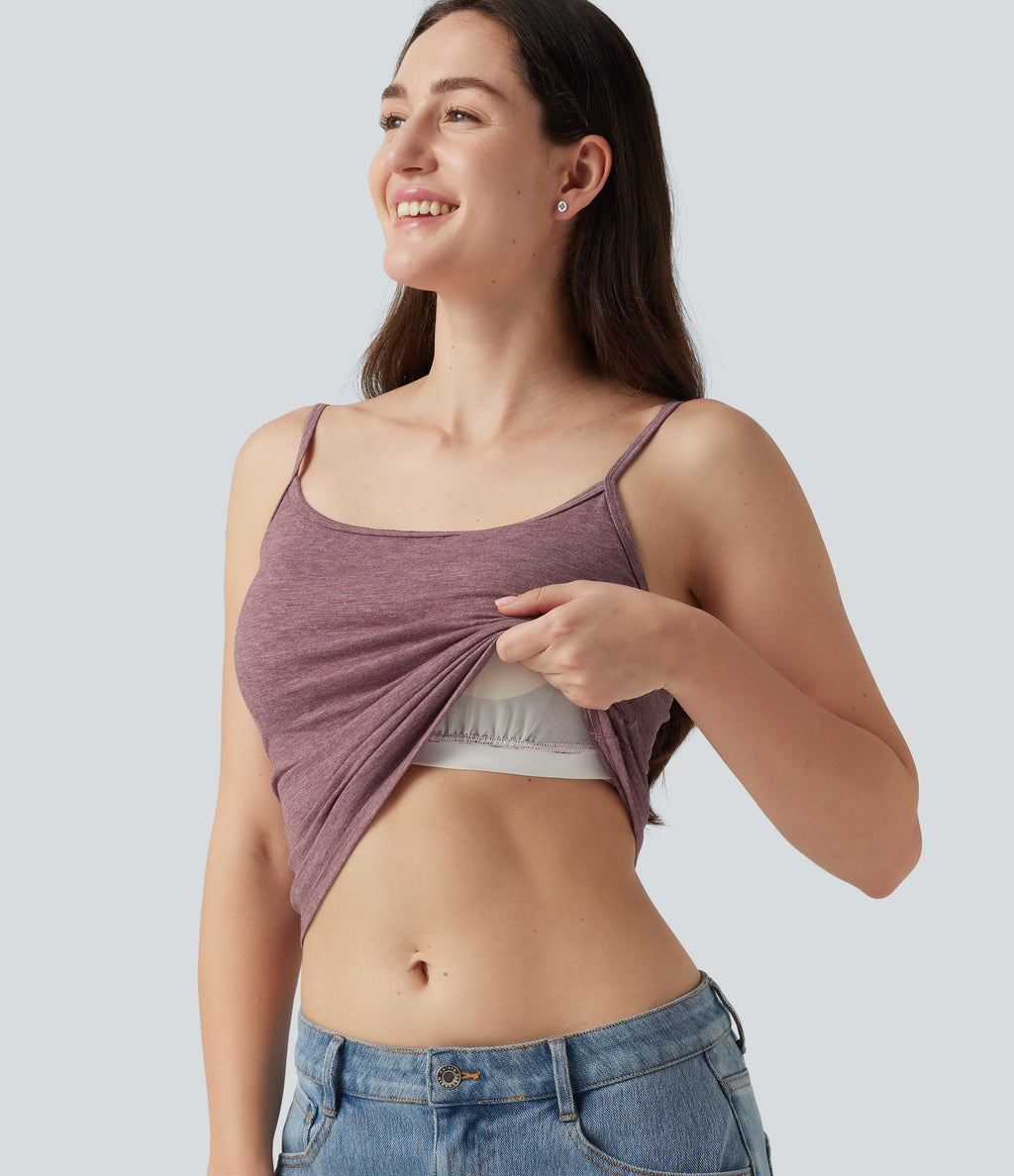 U Neck Heathered Ruched Casual Tank Top with Built-in Bra — Dusk Rose Plum — view 3