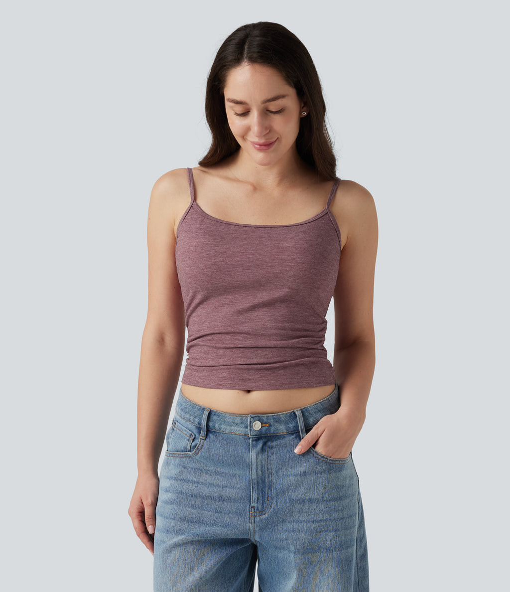 U Neck Heathered Ruched Casual Tank Top with Built-in Bra — Dusk Rose Plum — view 6