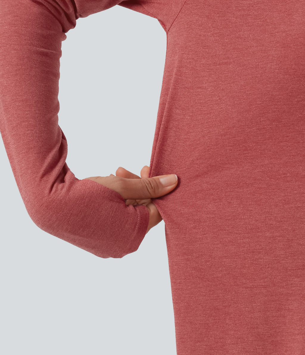 Boat Neck Dropped Long Sleeve Split Yoga Sweatshirt with Thumb Hole — Poinsettia Floral Yarn — view 7