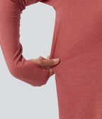 Boat Neck Dropped Long Sleeve Split Yoga Sweatshirt with Thumb Hole — Poinsettia Floral Yarn — view 7