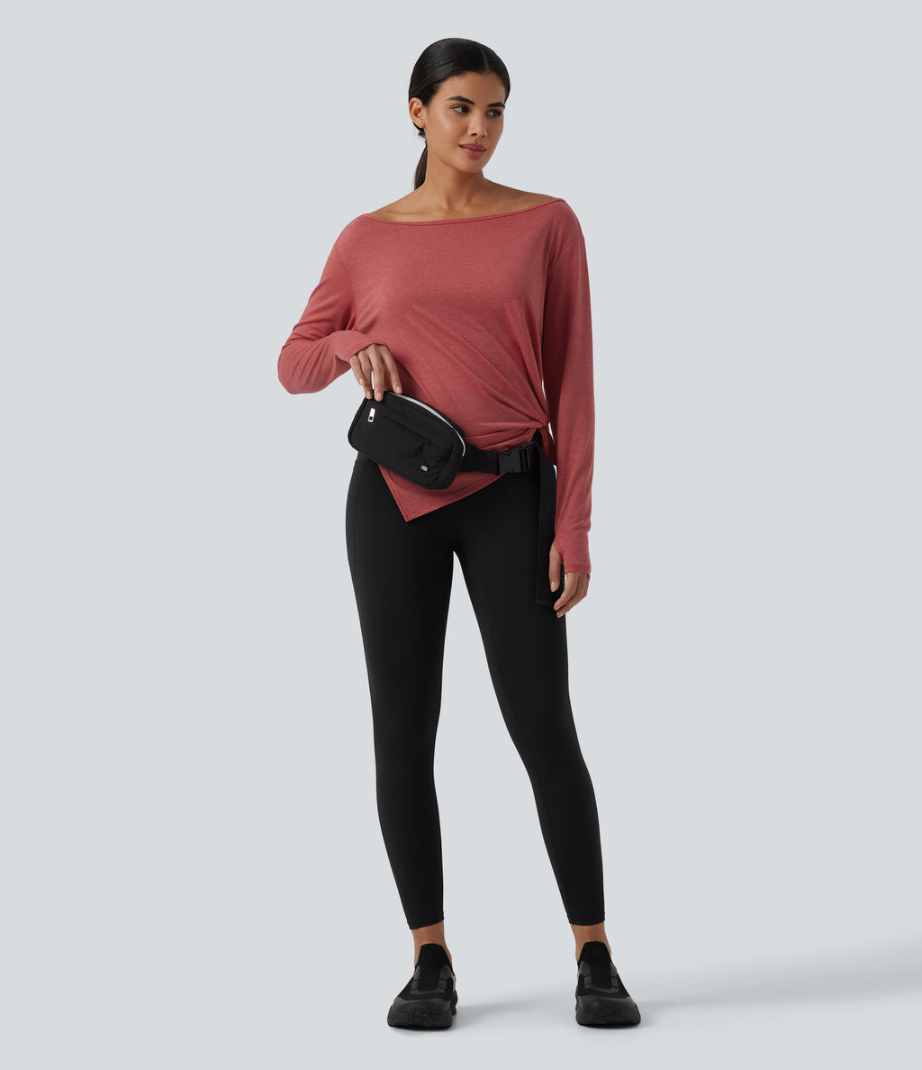 Boat Neck Dropped Long Sleeve Split Yoga Sweatshirt with Thumb Hole — Poinsettia Floral Yarn — view 8