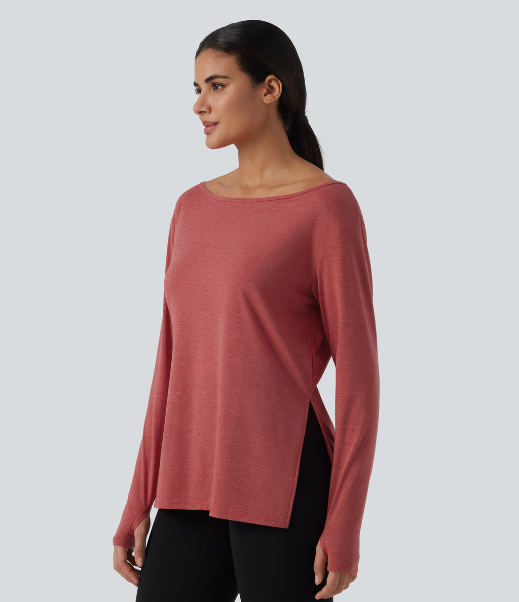 Boat Neck Dropped Long Sleeve Split Yoga Sweatshirt with Thumb Hole — Poinsettia Floral Yarn — view 4