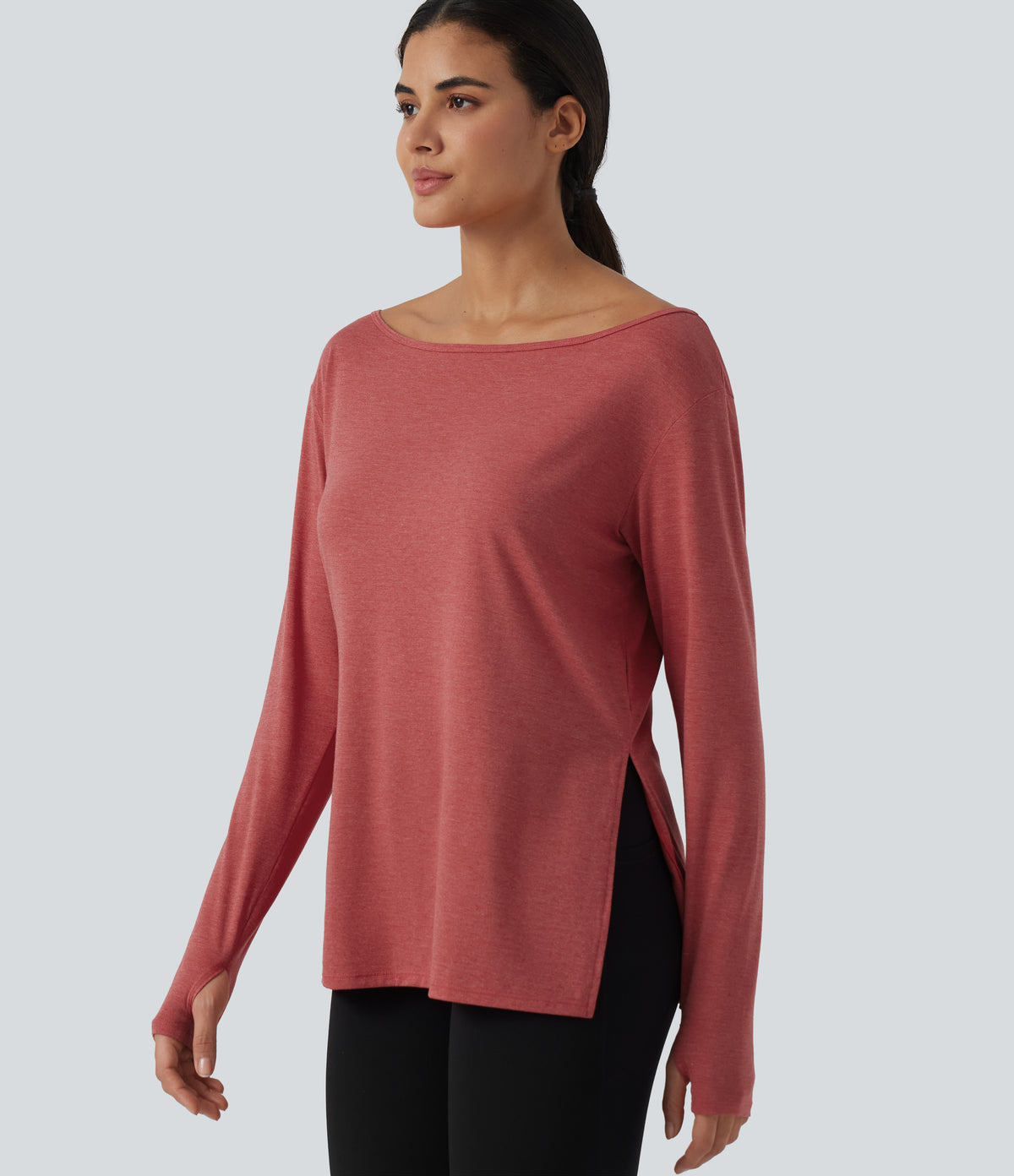 Boat Neck Dropped Long Sleeve Split Yoga Sweatshirt with Thumb Hole — Poinsettia Floral Yarn — view 1