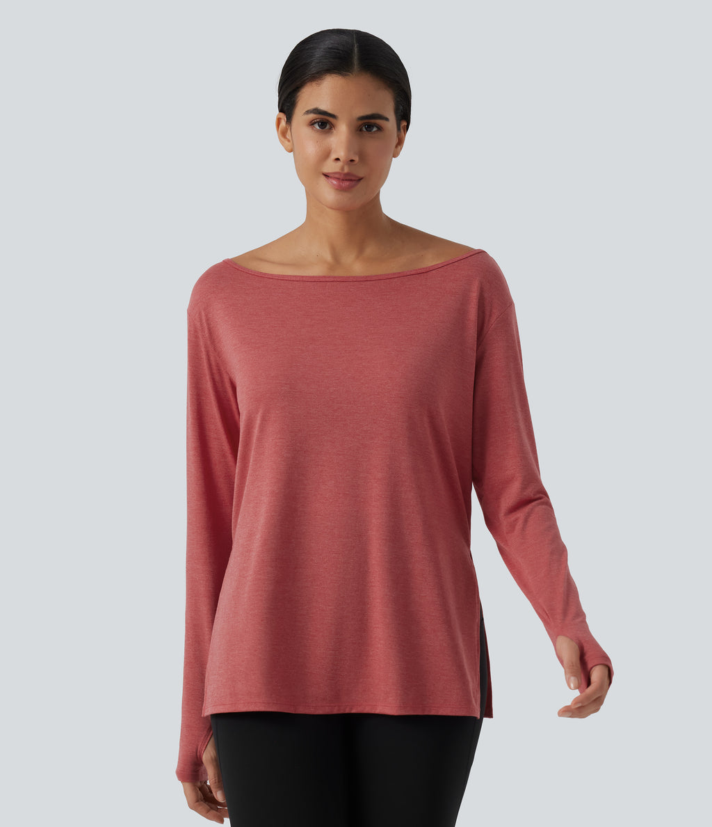Boat Neck Dropped Long Sleeve Split Yoga Sweatshirt with Thumb Hole — Poinsettia Floral Yarn — view 3