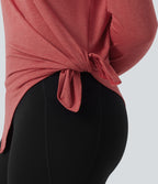 Boat Neck Dropped Long Sleeve Split Yoga Sweatshirt with Thumb Hole — Poinsettia Floral Yarn — view 5