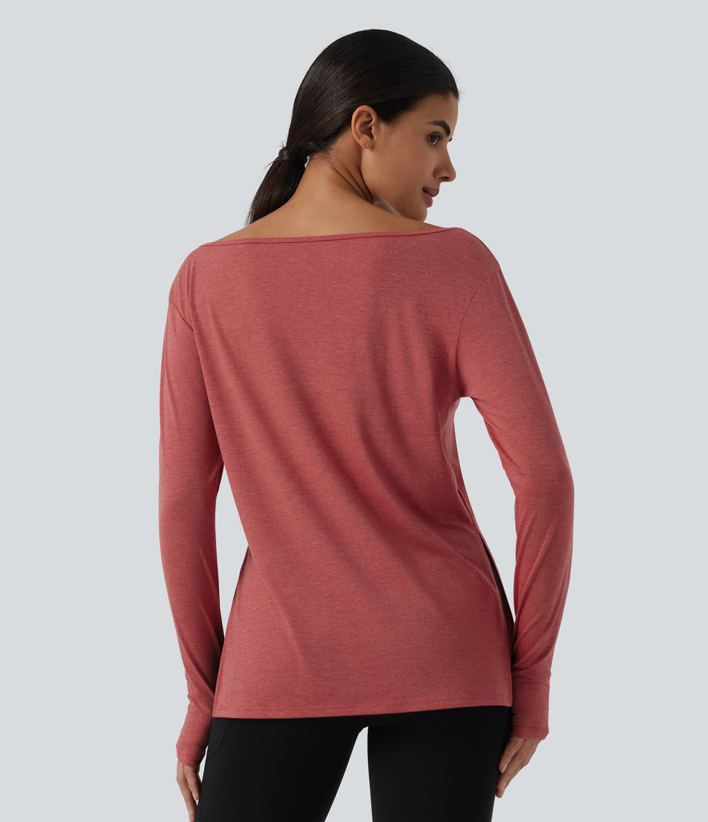 Boat Neck Dropped Long Sleeve Split Yoga Sweatshirt with Thumb Hole — Poinsettia Floral Yarn — view 2