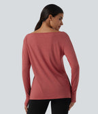 Boat Neck Dropped Long Sleeve Split Yoga Sweatshirt with Thumb Hole — Poinsettia Floral Yarn — view 2