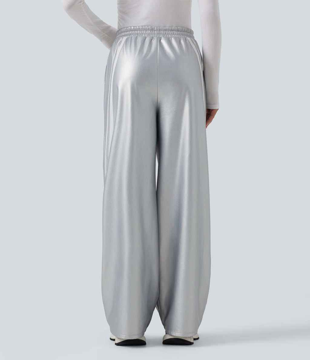 High Waisted Drawstring Side Stripe Stretchy PU Fleece Wide Leg Trousers with Pockets — Cloud Drift — view 2