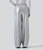 High Waisted Drawstring Side Stripe Stretchy PU Fleece Wide Leg Trousers with Pockets — Cloud Drift — view 2