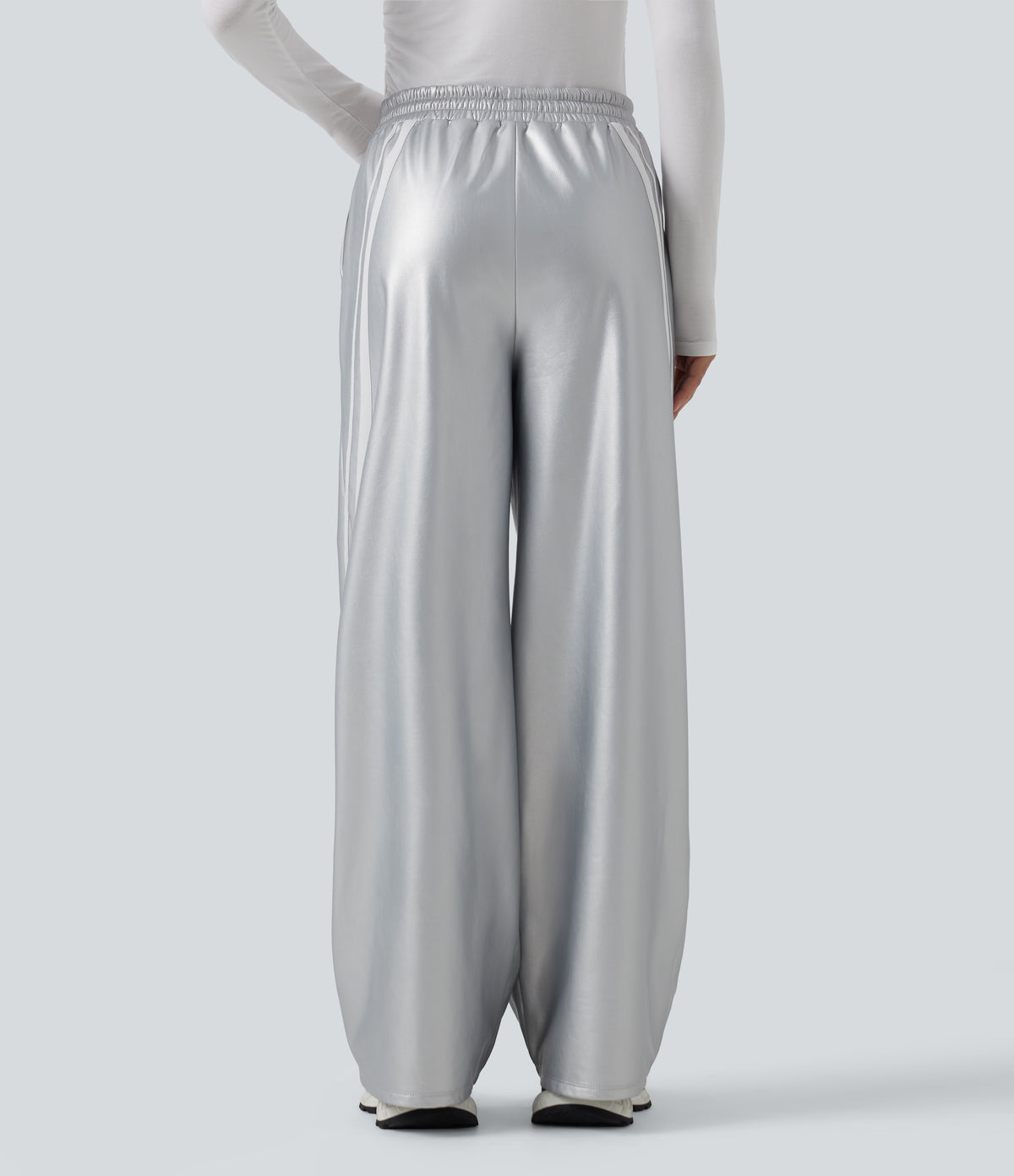High Waisted Drawstring Side Stripe Stretchy PU Fleece Wide Leg Trousers with Pockets — Cloud Drift — view 2