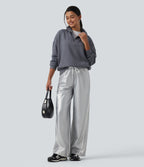 High Waisted Drawstring Side Stripe Stretchy PU Fleece Wide Leg Trousers with Pockets — Cloud Drift — view 6