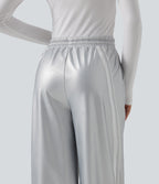 High Waisted Drawstring Side Stripe Stretchy PU Fleece Wide Leg Trousers with Pockets — Cloud Drift — view 5