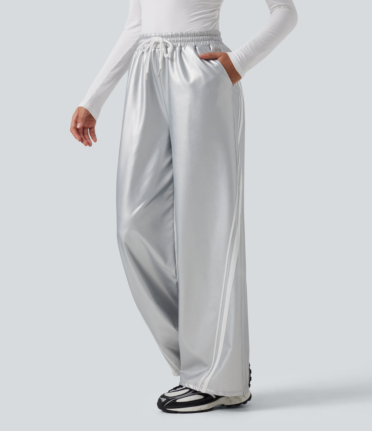 High Waisted Drawstring Side Stripe Stretchy PU Fleece Wide Leg Trousers with Pockets — Cloud Drift — view 3